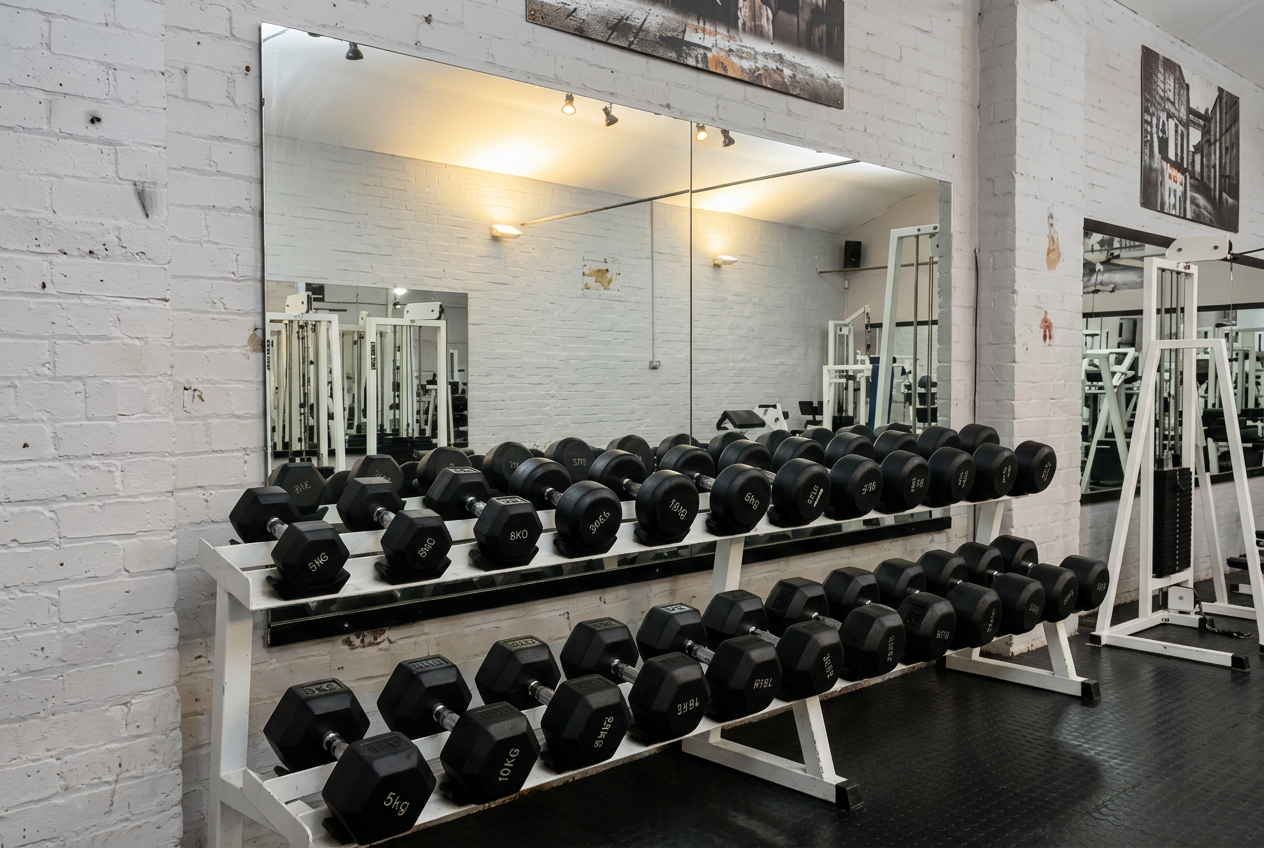 Full hex dumbbell rack against the mirrored wall