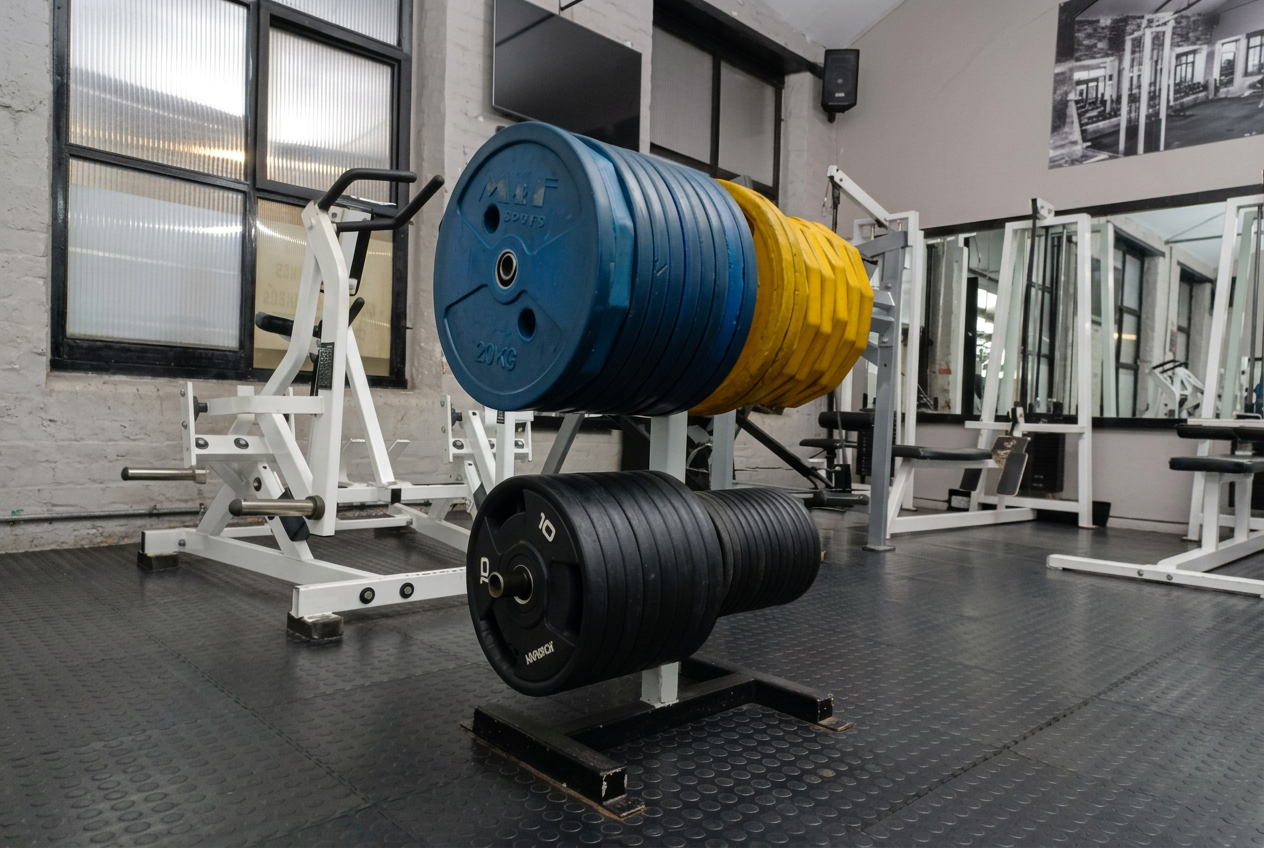 Rack of iron and rubber Olympic plates